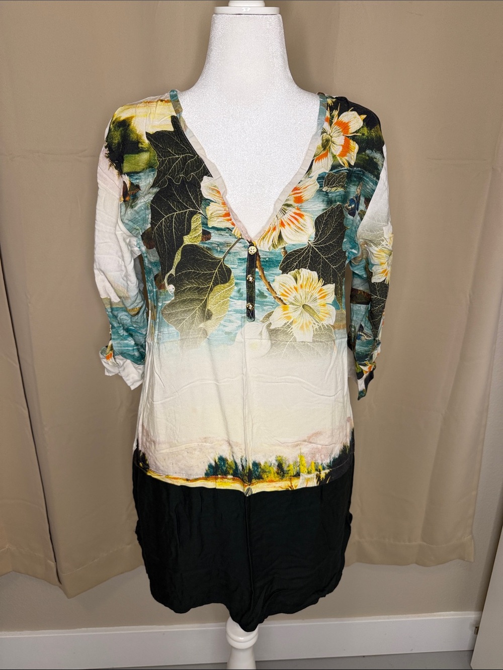 Floral V-Neck Tunic Dress in Teal, Black & Cream